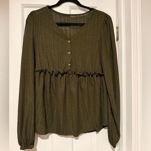 Women’s Olive Green Peplum Top, Ribbed Texture, Buttons, Long Sleeve, Medium